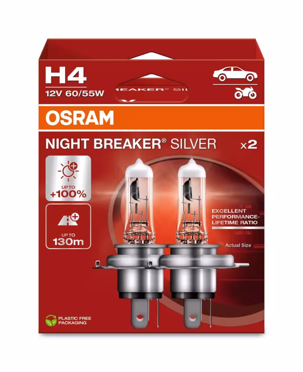 Osram 12V Night Breaker Silver - H4 - 60/55W - P43t - 2 pz  - Scatola
