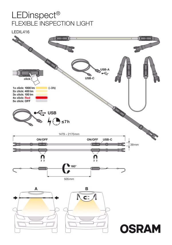 Osram LEDinspect FLEXIBLE INSPECTION LIGHT, torcia da ispezione sotto cofano flessibile
