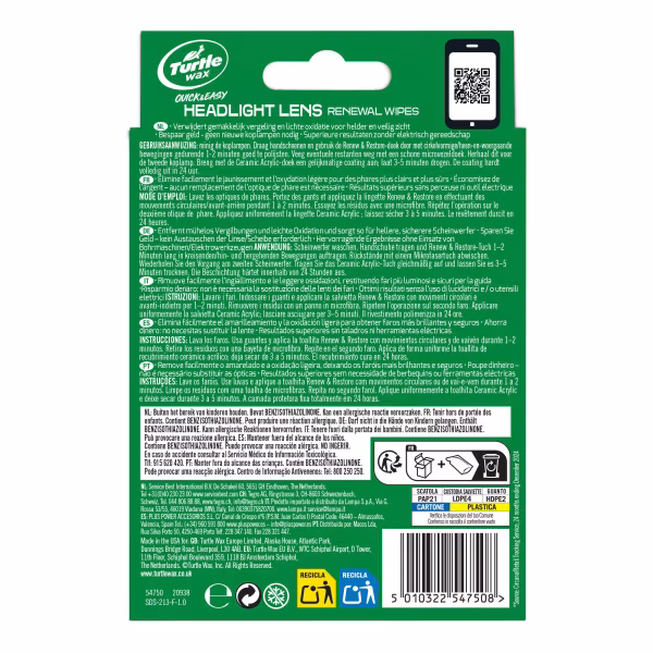 Turtle Wax Kit salviettine rigeneranti specifico per lenti fari