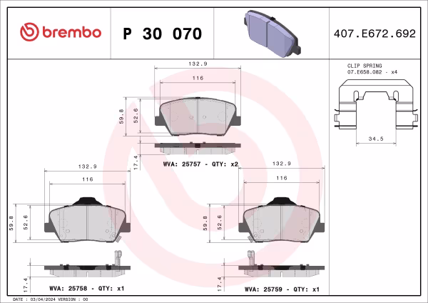 BREMBO Kit pastiglie freno, Freno a disco