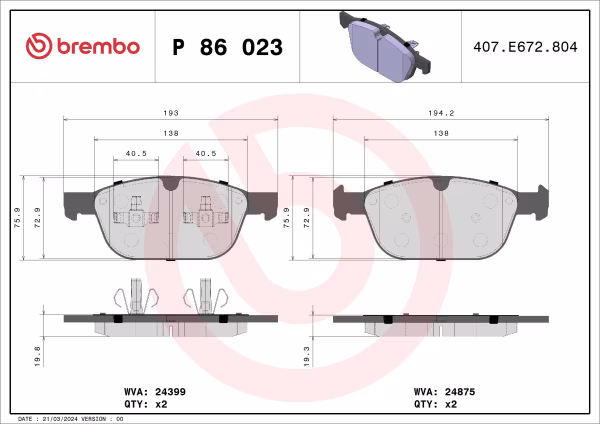 BREMBO Kit pastiglie freno, Freno a disco