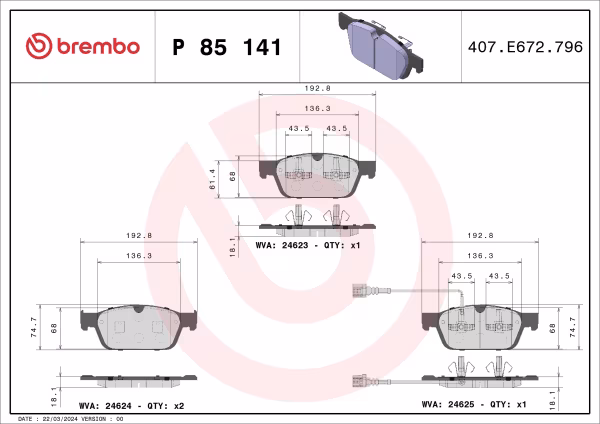 BREMBO Kit pastiglie freno, Freno a disco