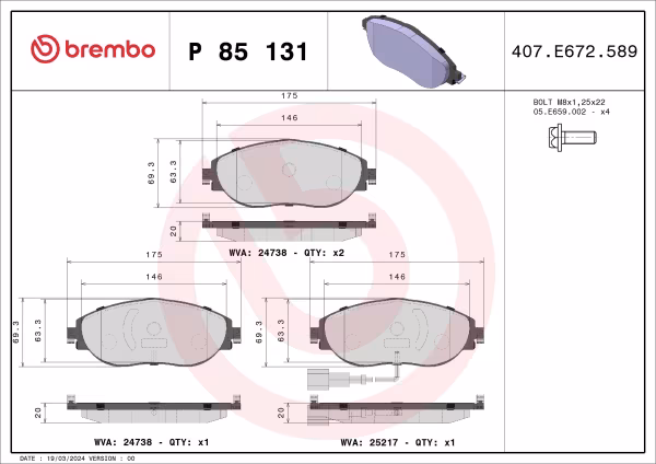 BREMBO Kit pastiglie freno, Freno a disco