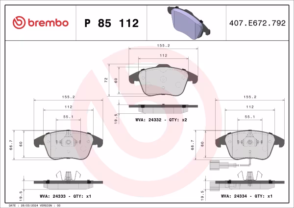 BREMBO Kit pastiglie freno, Freno a disco
