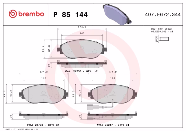 BREMBO Kit pastiglie freno, Freno a disco