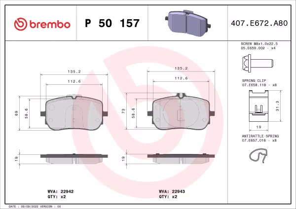 BREMBO Kit pastiglie freno, Freno a disco