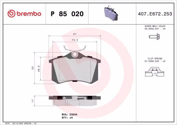 BREMBO Kit pastiglie freno, Freno a disco