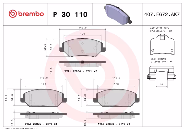 BREMBO Kit pastiglie freno, Freno a disco